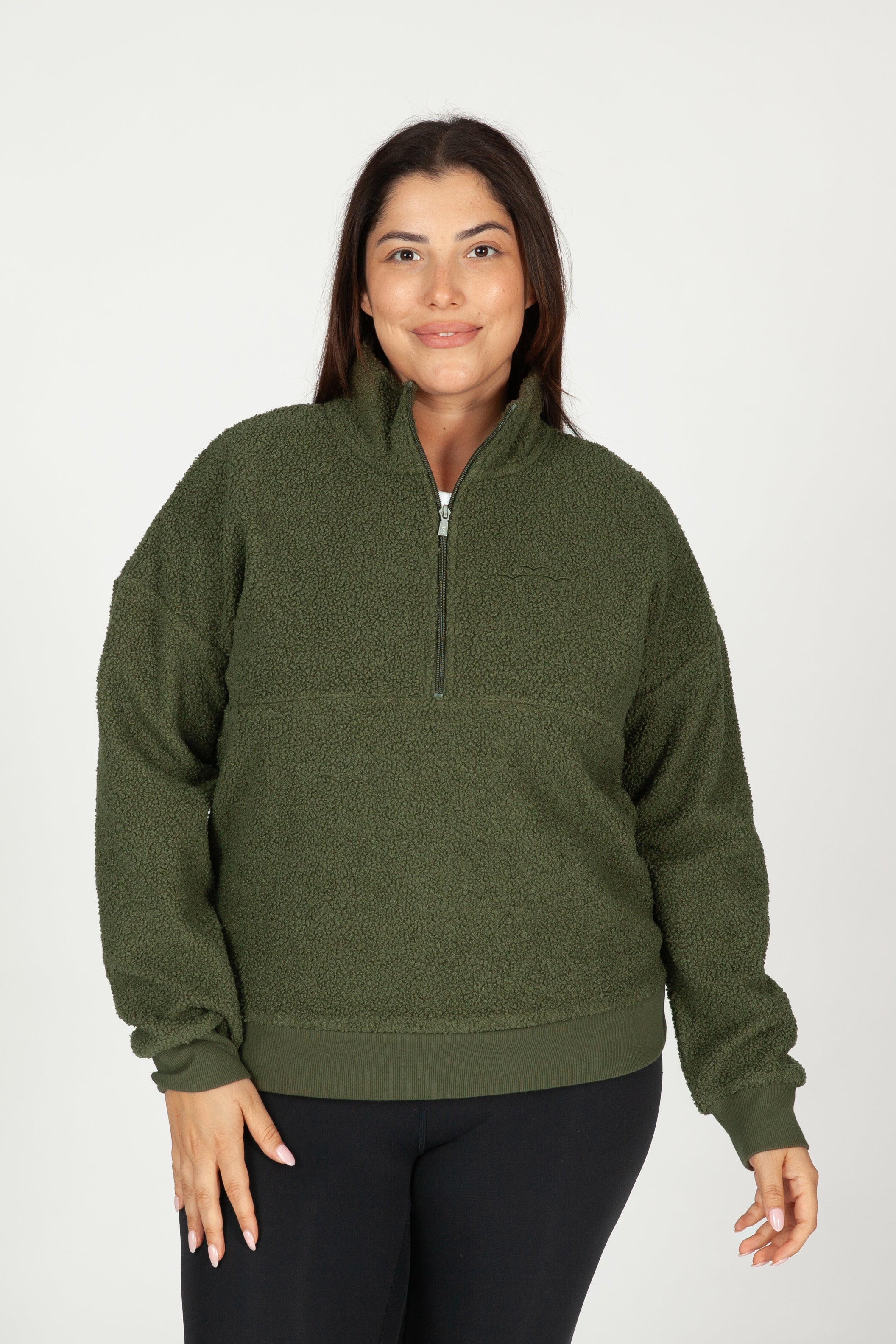 Steph Teddy Sherpa Half Zip Pullover in Winter Moss