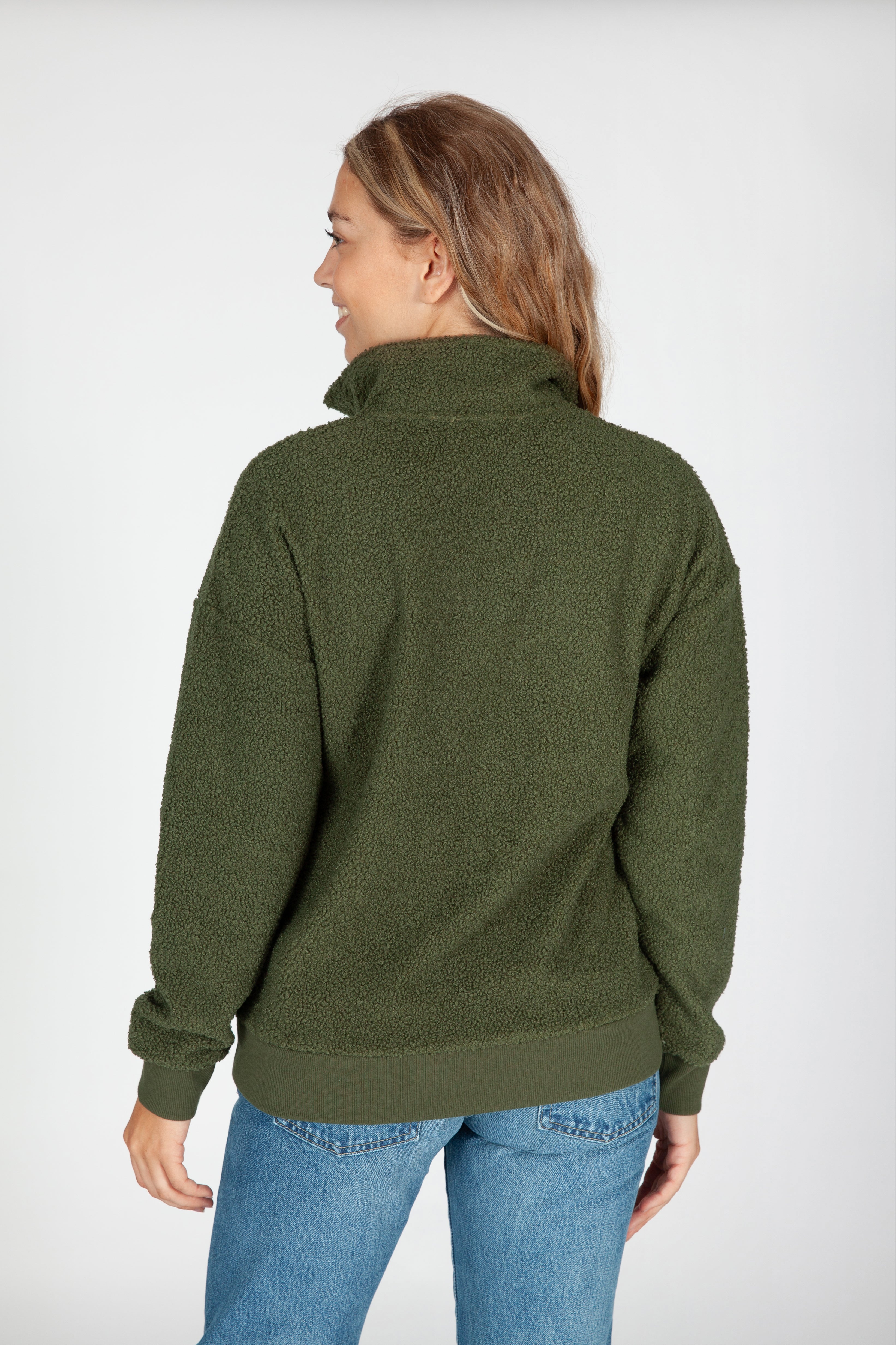 Relaxed Fit Teddy Sherpa Half Zip Pullover in Winter Moss