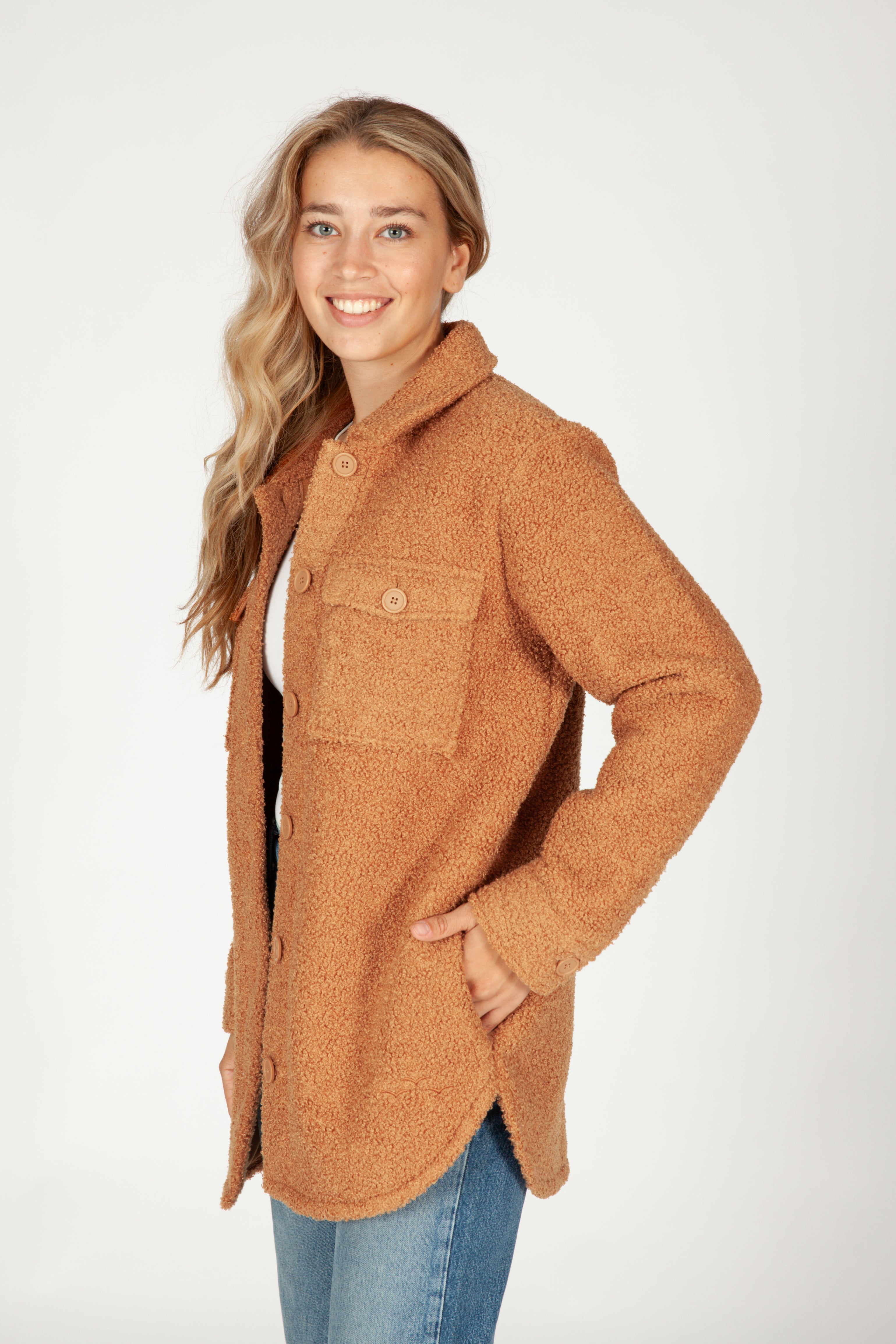 Amber Teddy sherpa shacket in biscuit