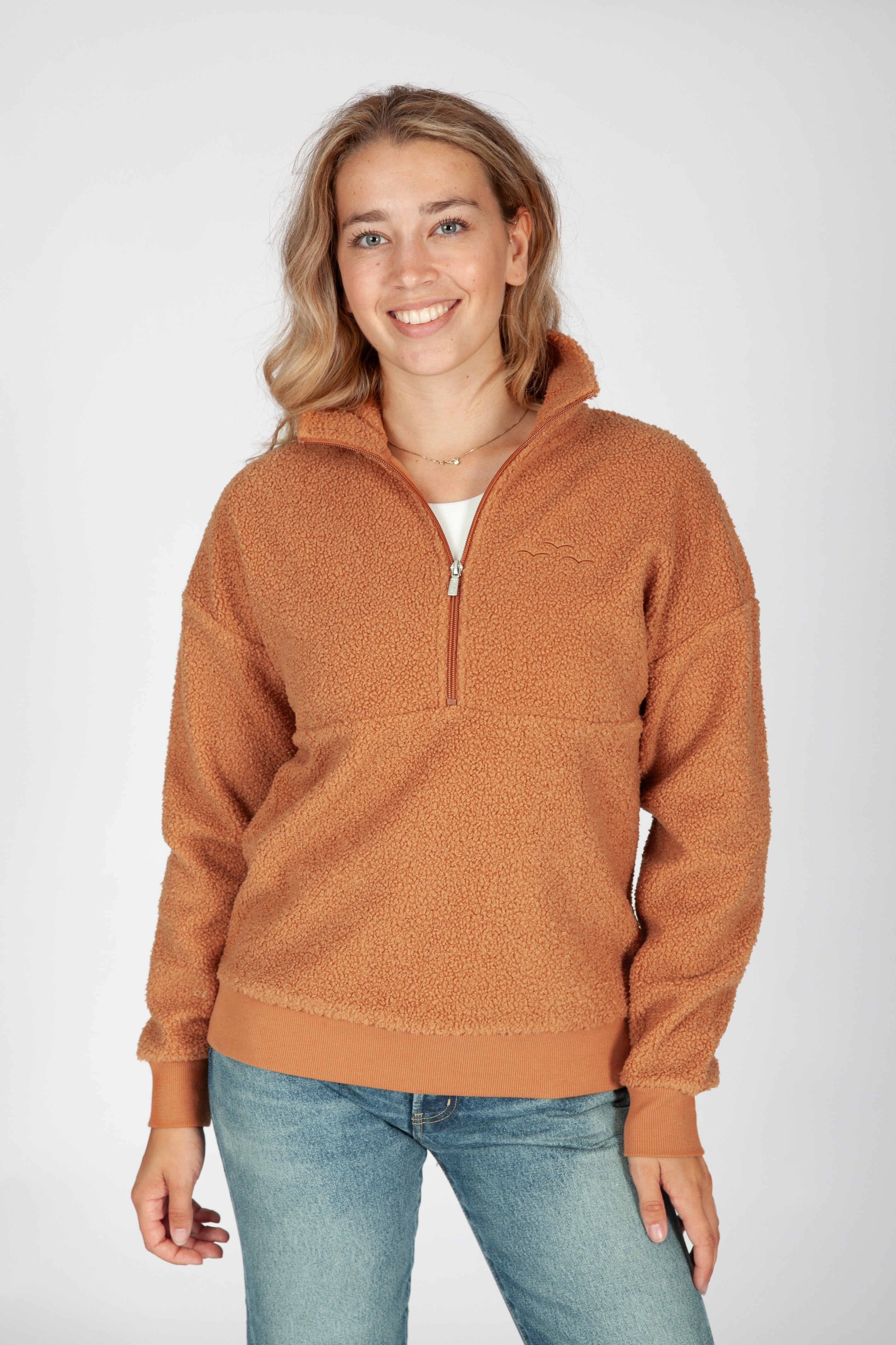 Relaxed Fit Teddy Sherpa Half Zip Pullover in Biscuit