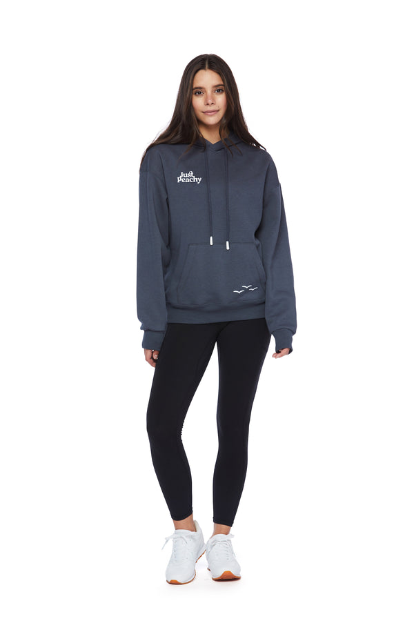 Just Peachy fleece hoodie in navy wash