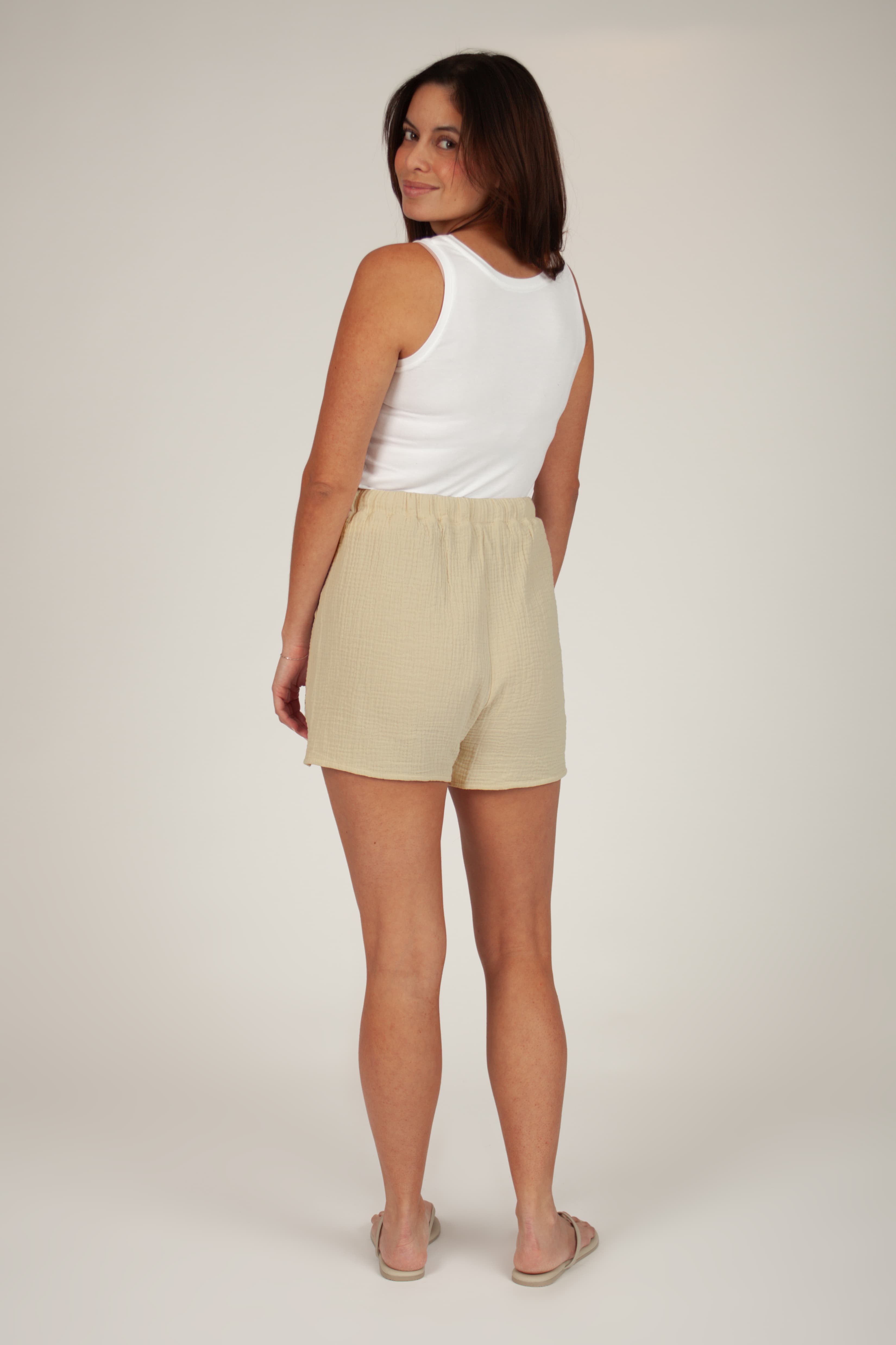 Lightweight Cotton Gauze shorts in pale olive grey