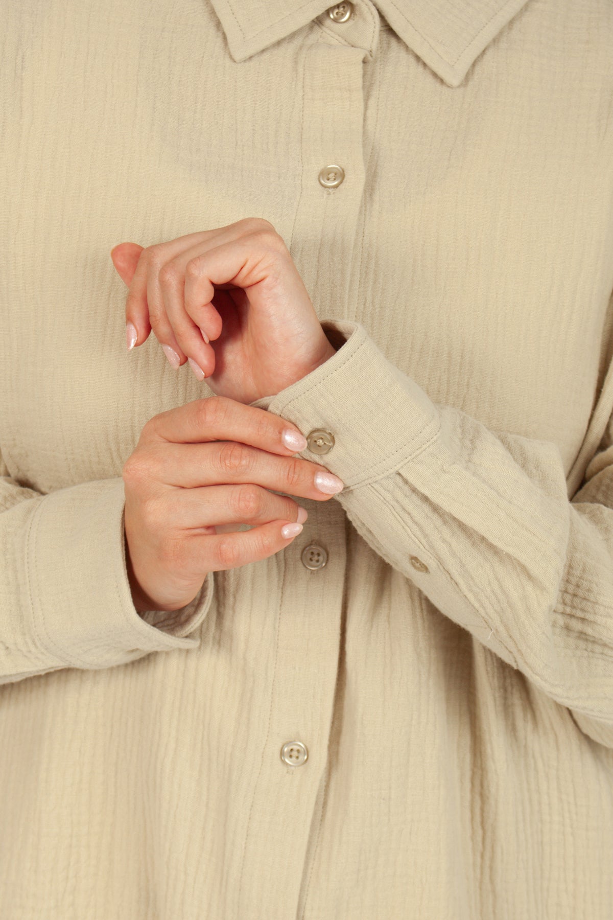 Lightweight cotton gauze button down shirt in pale olive grey