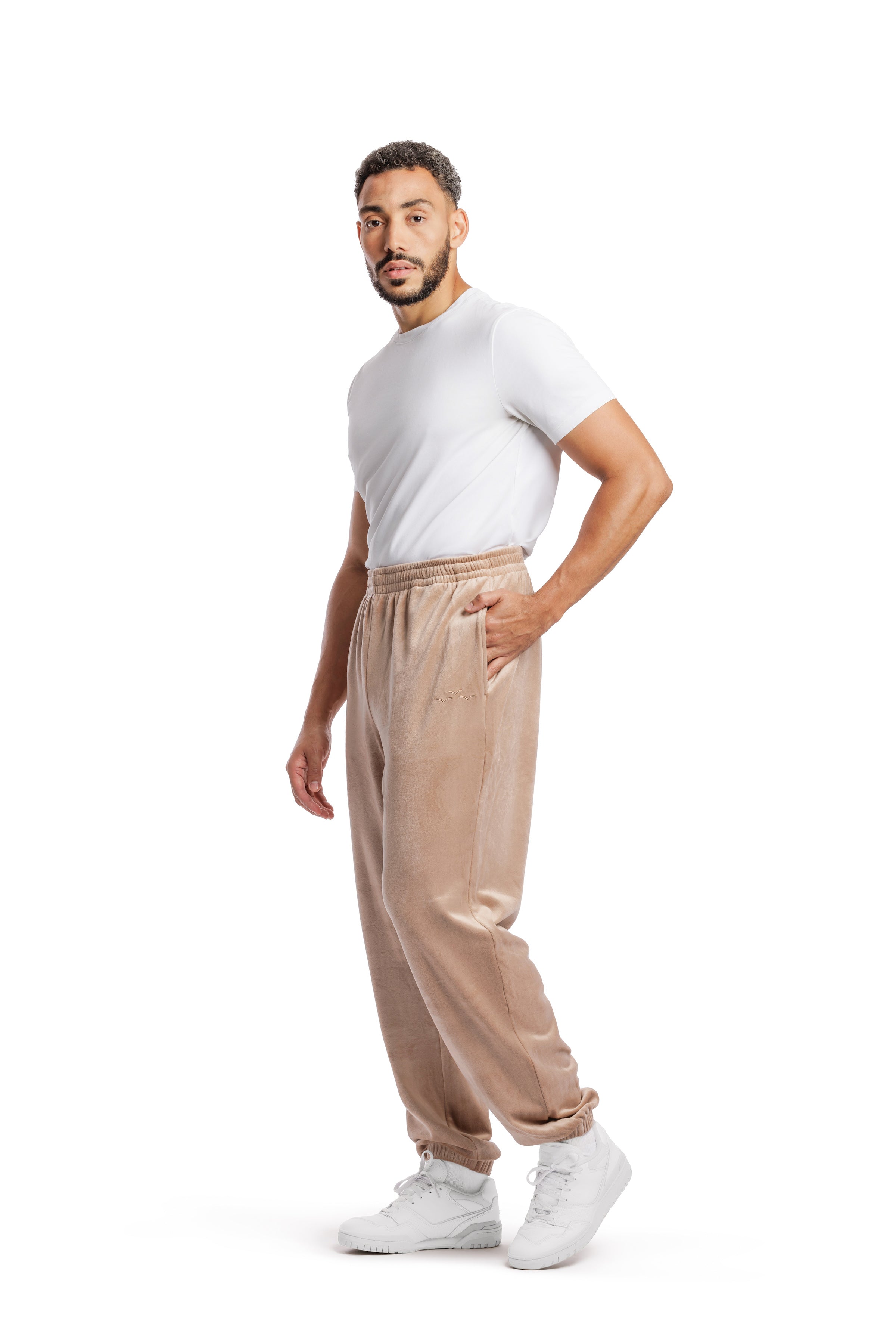 Men's double-faced velour joggers in warm taupe