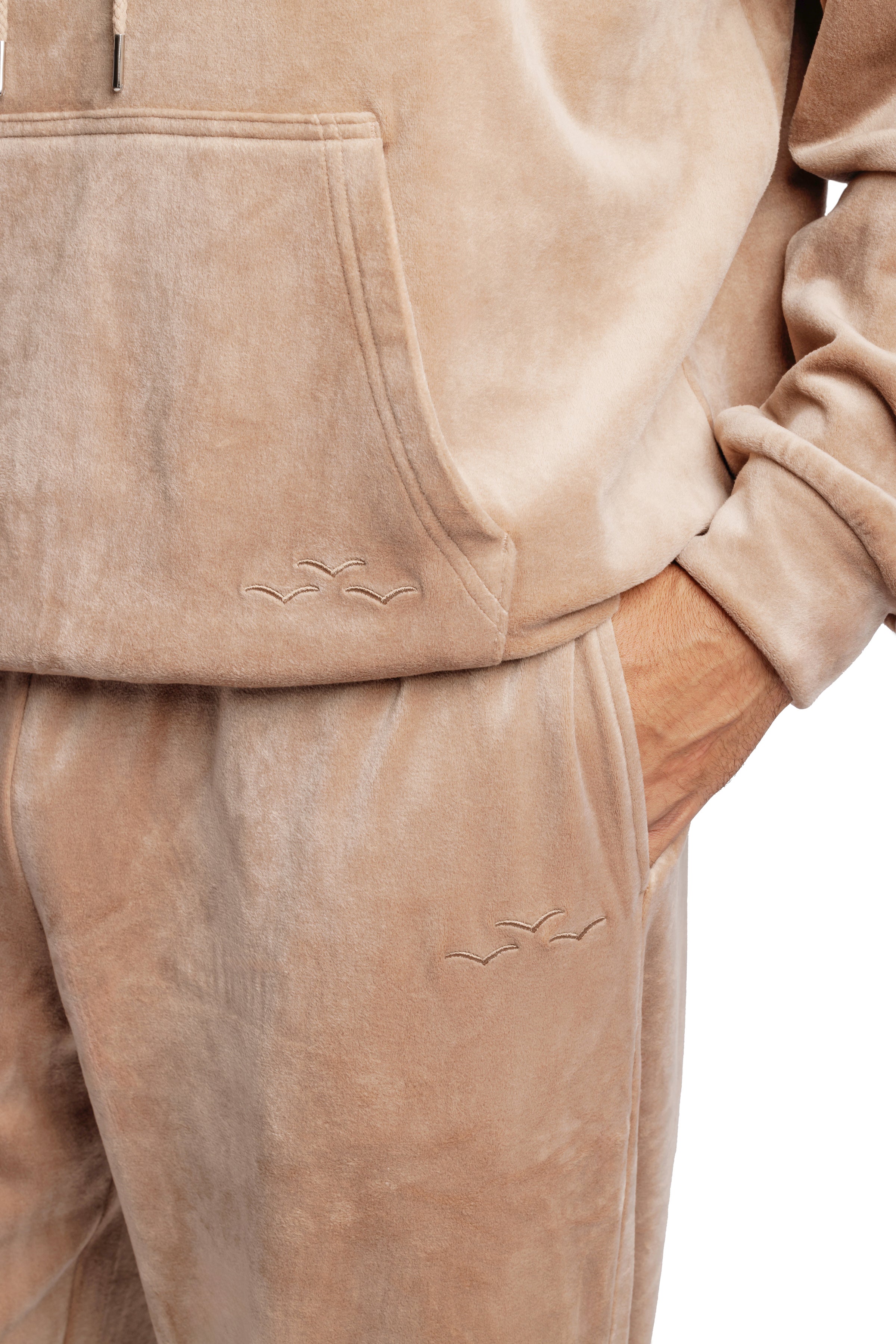 Women's velour sweatsuit set in warm taupe