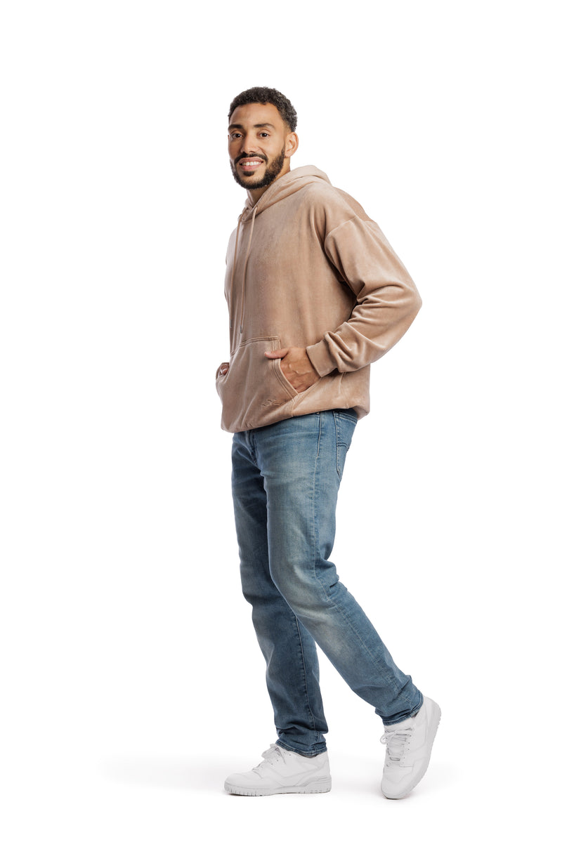 Men’s double-face velour hoodie in warm taupe