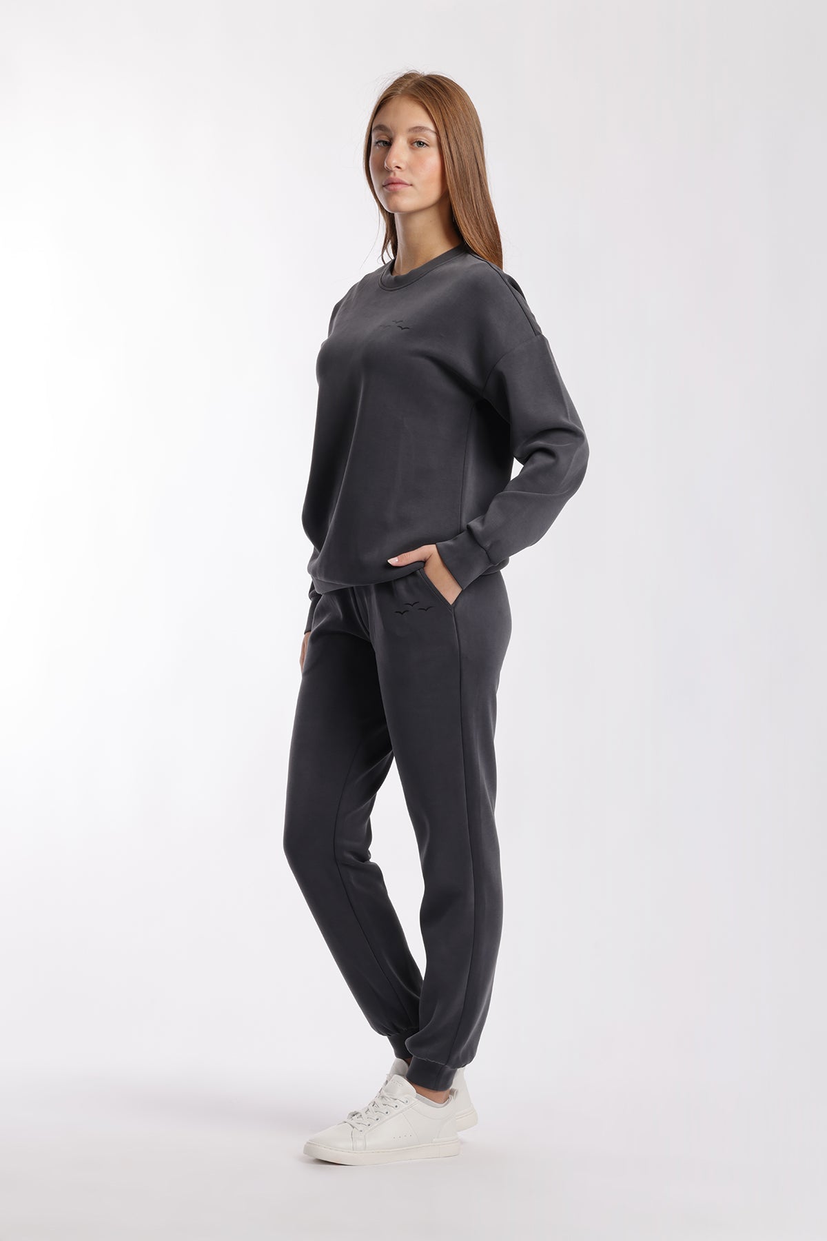 Premium luxe sueded scuba crewneck and jogger set in charcoal