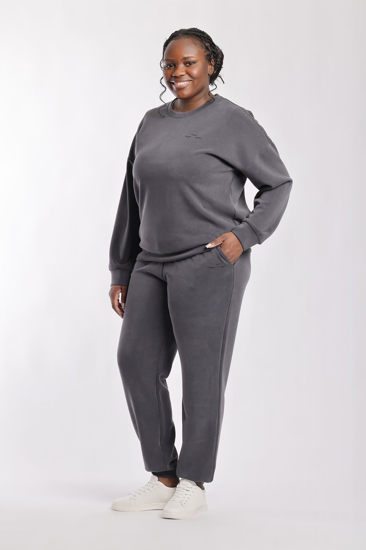 Premium luxe sueded scuba crewneck and jogger set in charcoal