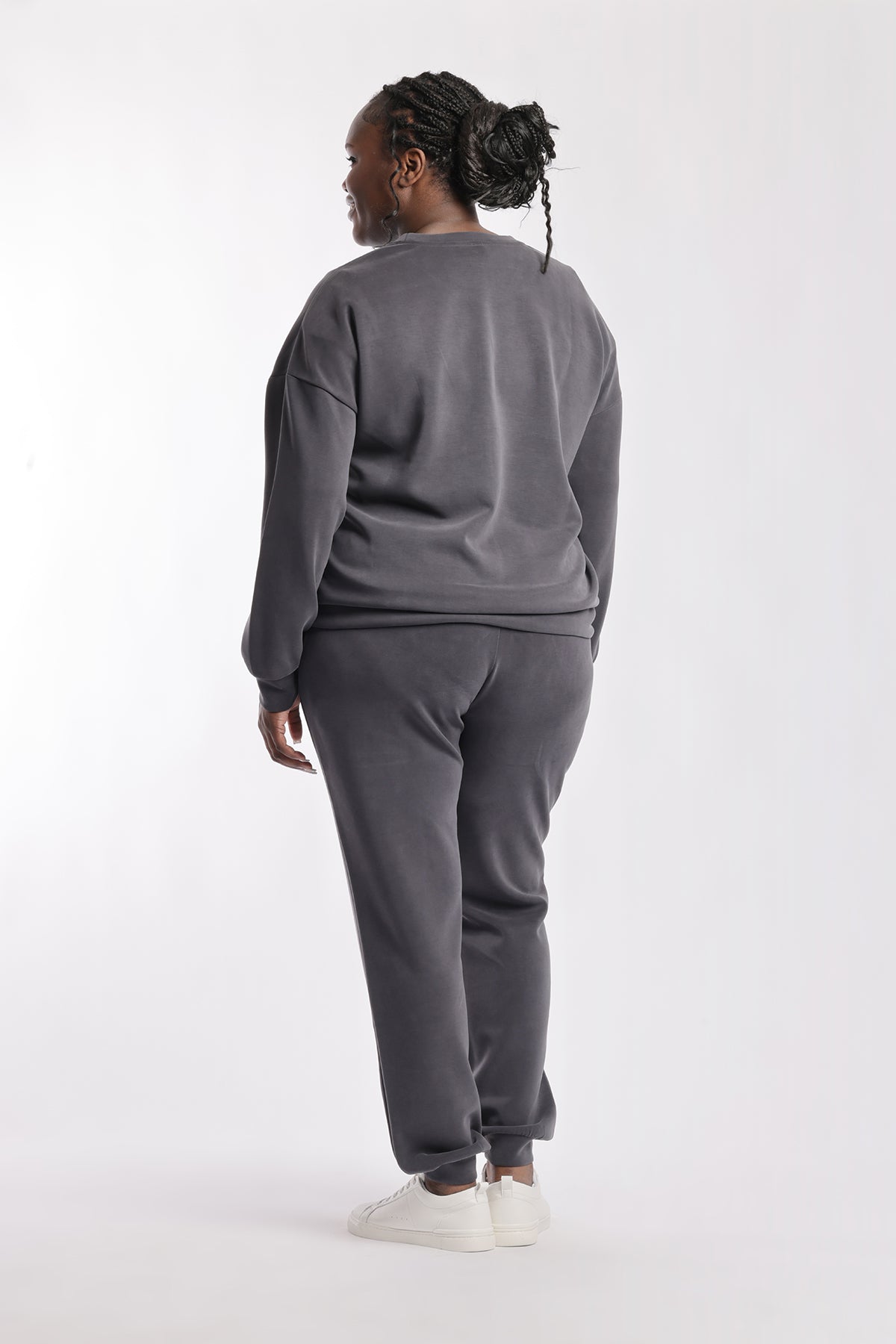 Premium luxe sueded scuba crewneck and jogger set in charcoal