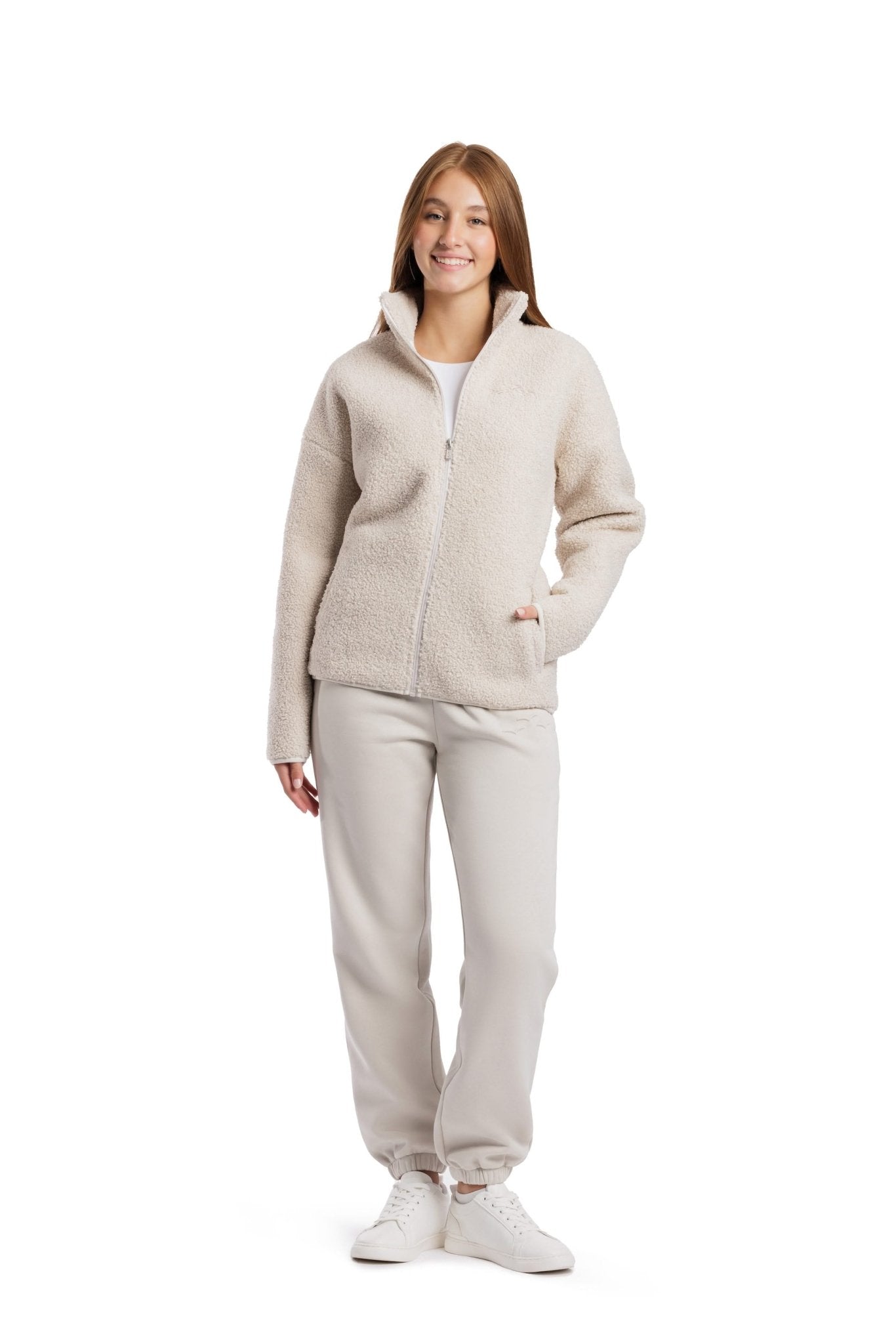 Sara Teddy sherpa zip up jacket in bone - Lazypants