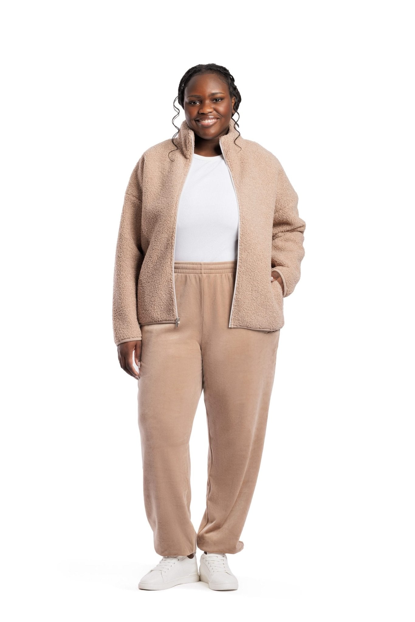Sara Teddy sherpa zip up jacket in warm taupe - Lazypants