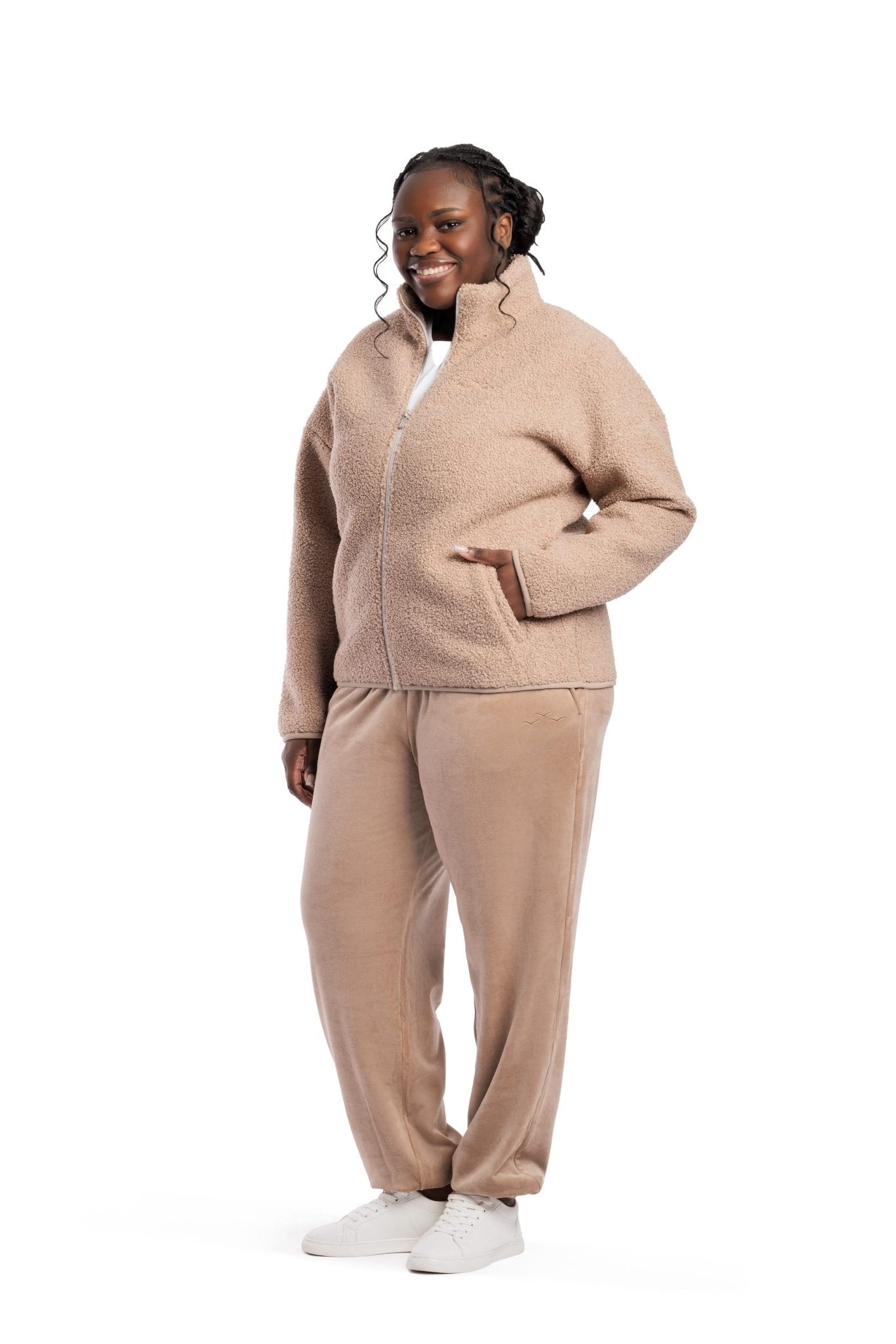 Sara Teddy sherpa zip up jacket in warm taupe - Lazypants