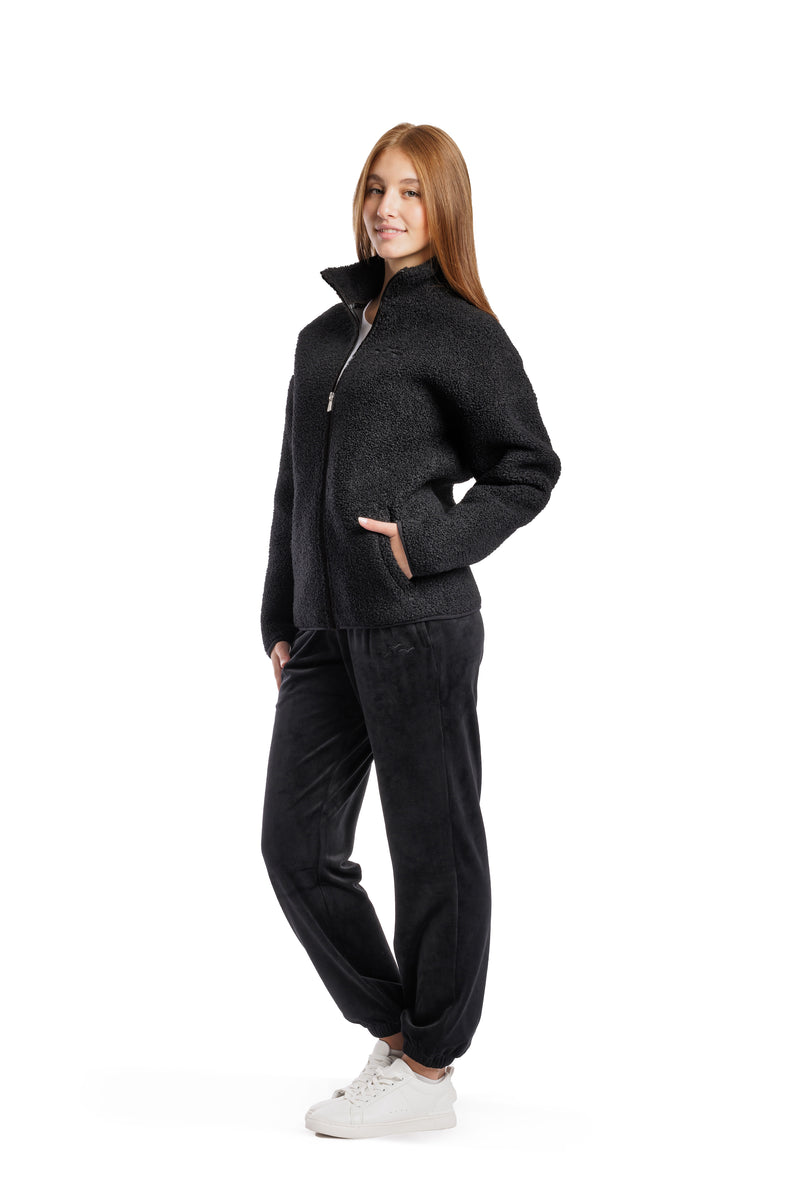 Sara Teddy sherpa zip up jacket in black