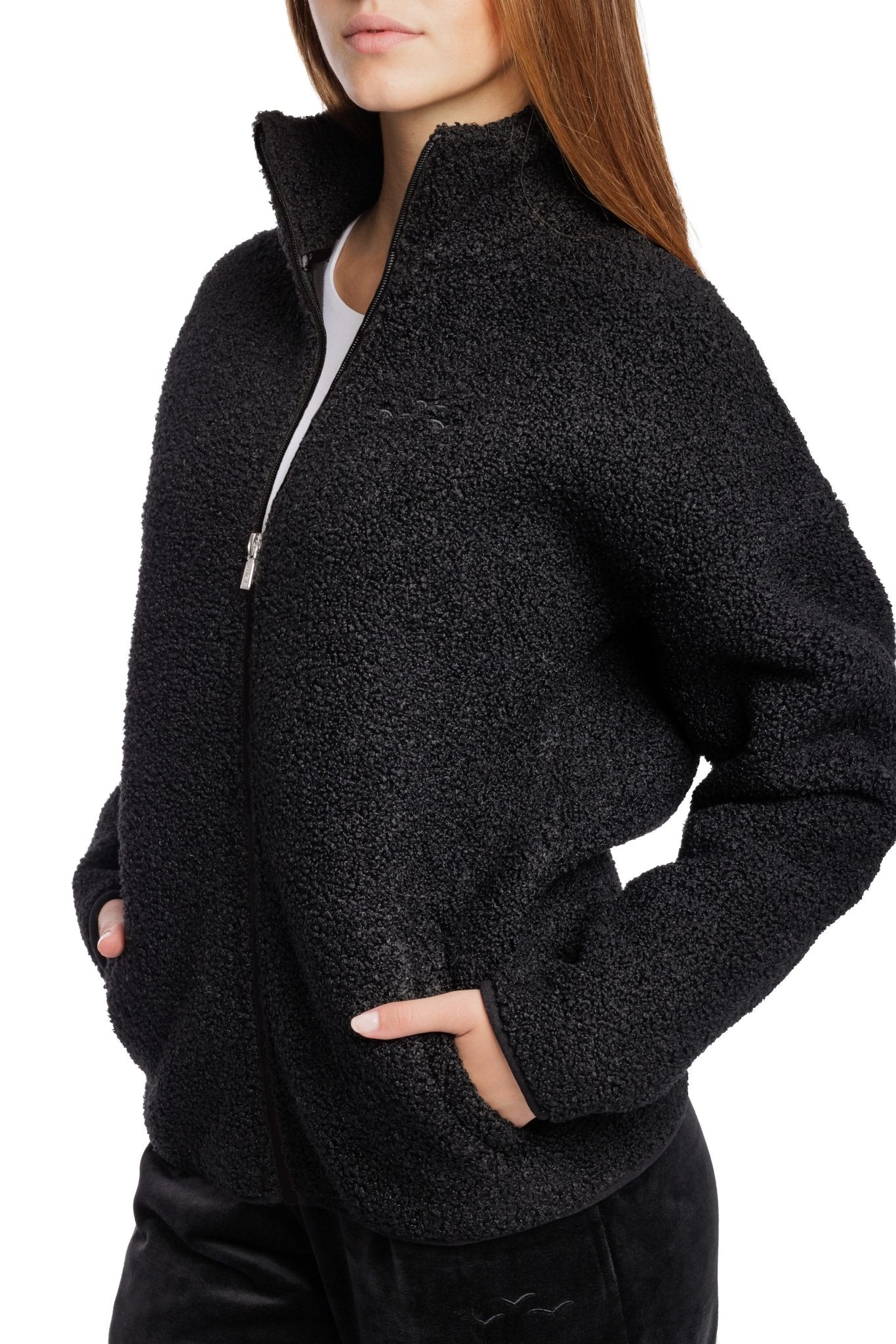 Sara Teddy sherpa zip up jacket in black - Lazypants