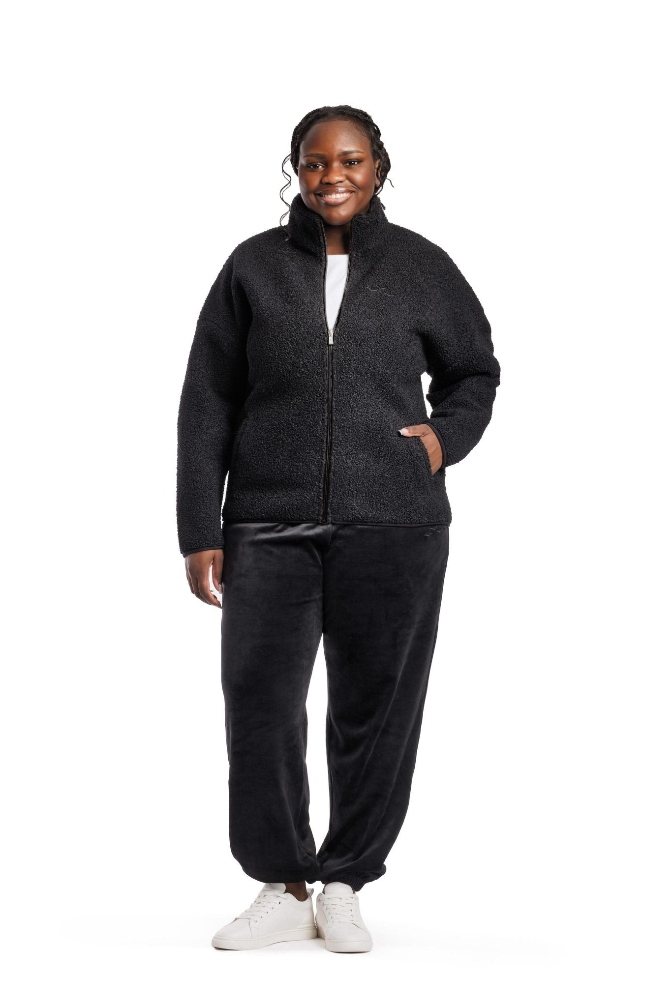 Sara Teddy sherpa zip up jacket in black - Lazypants