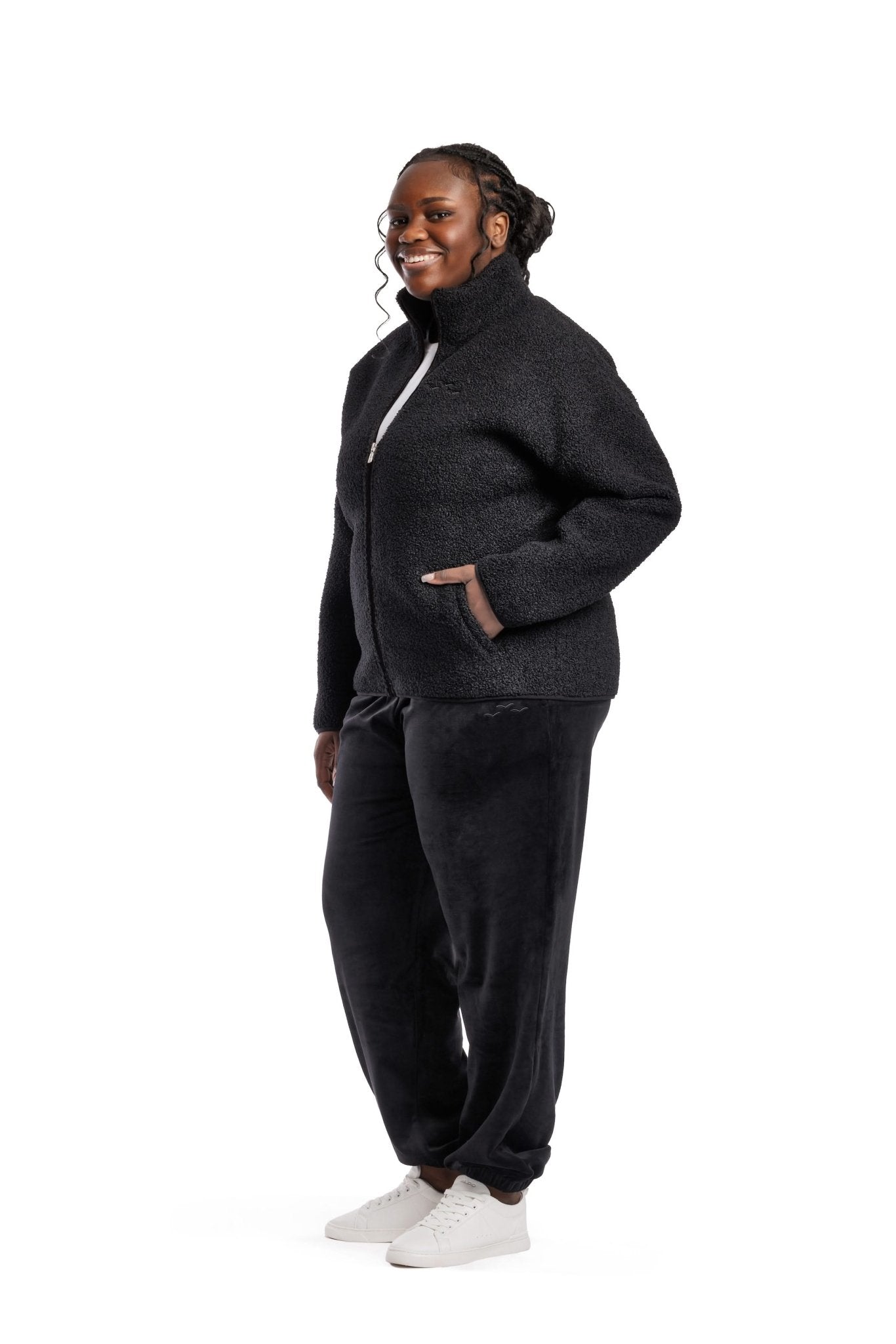 Sara Teddy sherpa zip up jacket in black - Lazypants