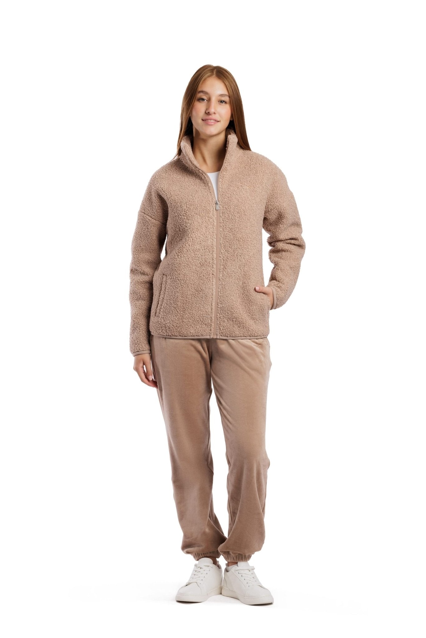 Sara Teddy sherpa zip up jacket in warm taupe - Lazypants