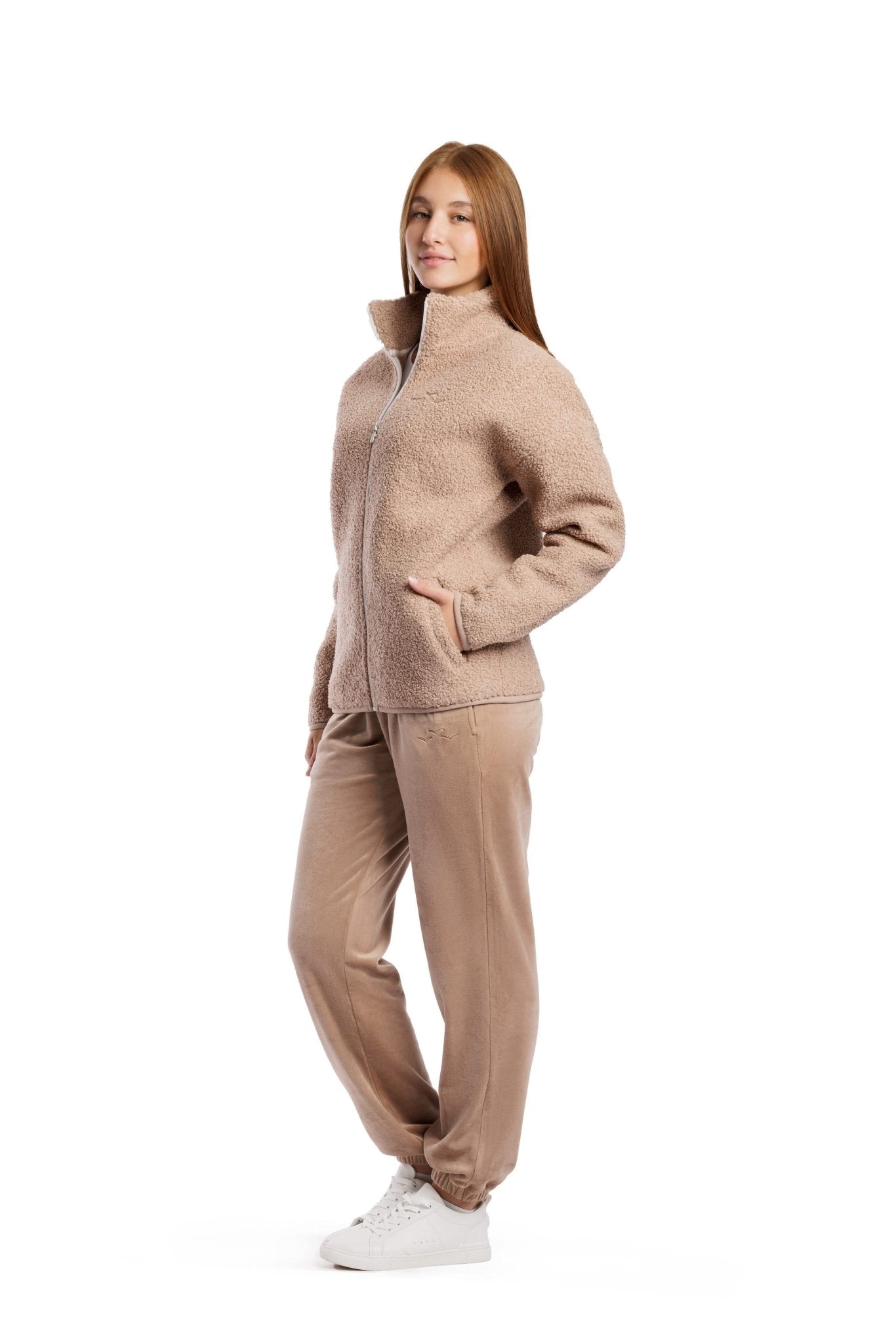 Sara Teddy sherpa zip up jacket in warm taupe - Lazypants