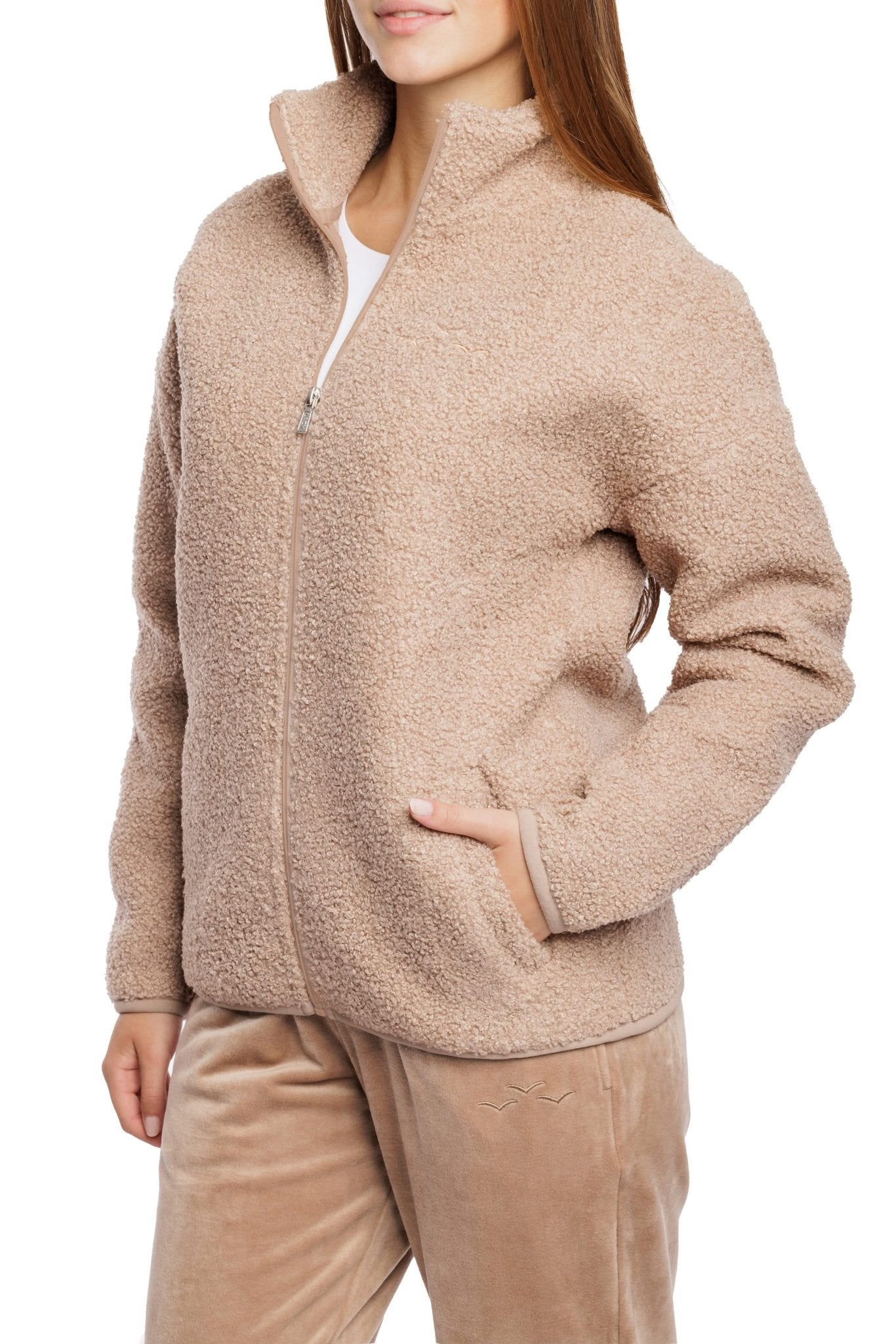Sara Teddy sherpa zip up jacket in warm taupe - Lazypants