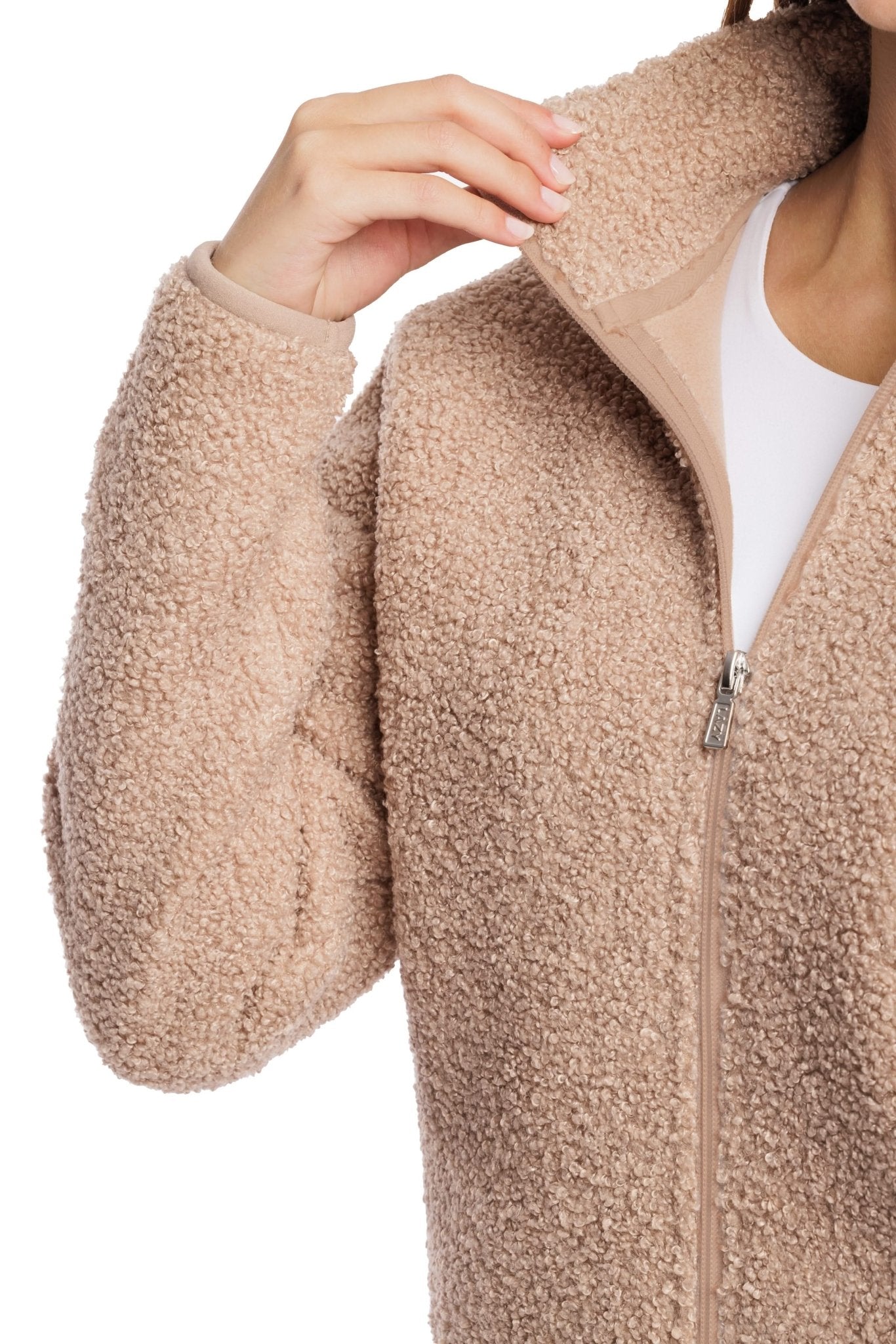 Sara Teddy sherpa zip up jacket in warm taupe - Lazypants
