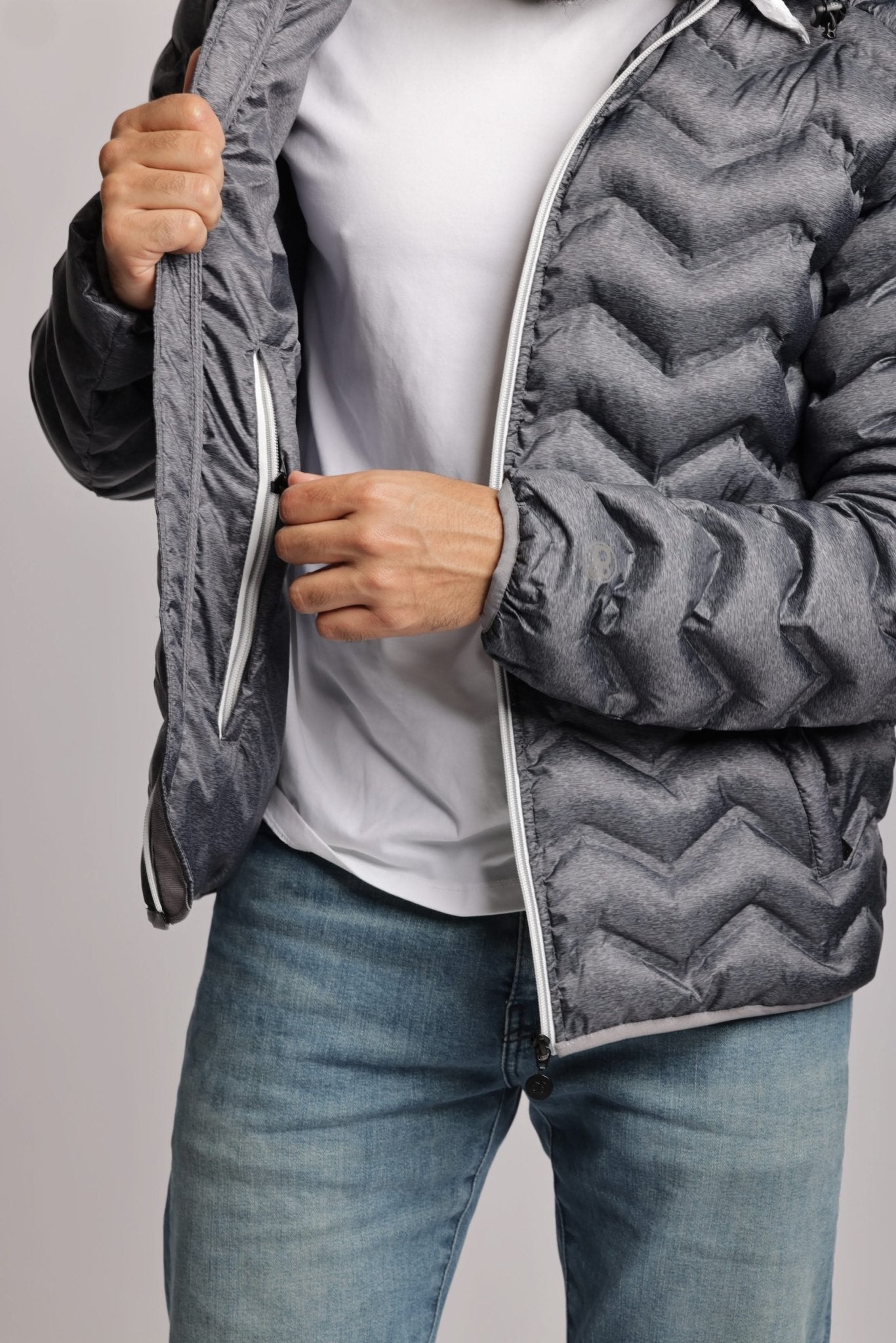 Men's packable puffer jacket in dark heather grey - Lazypants