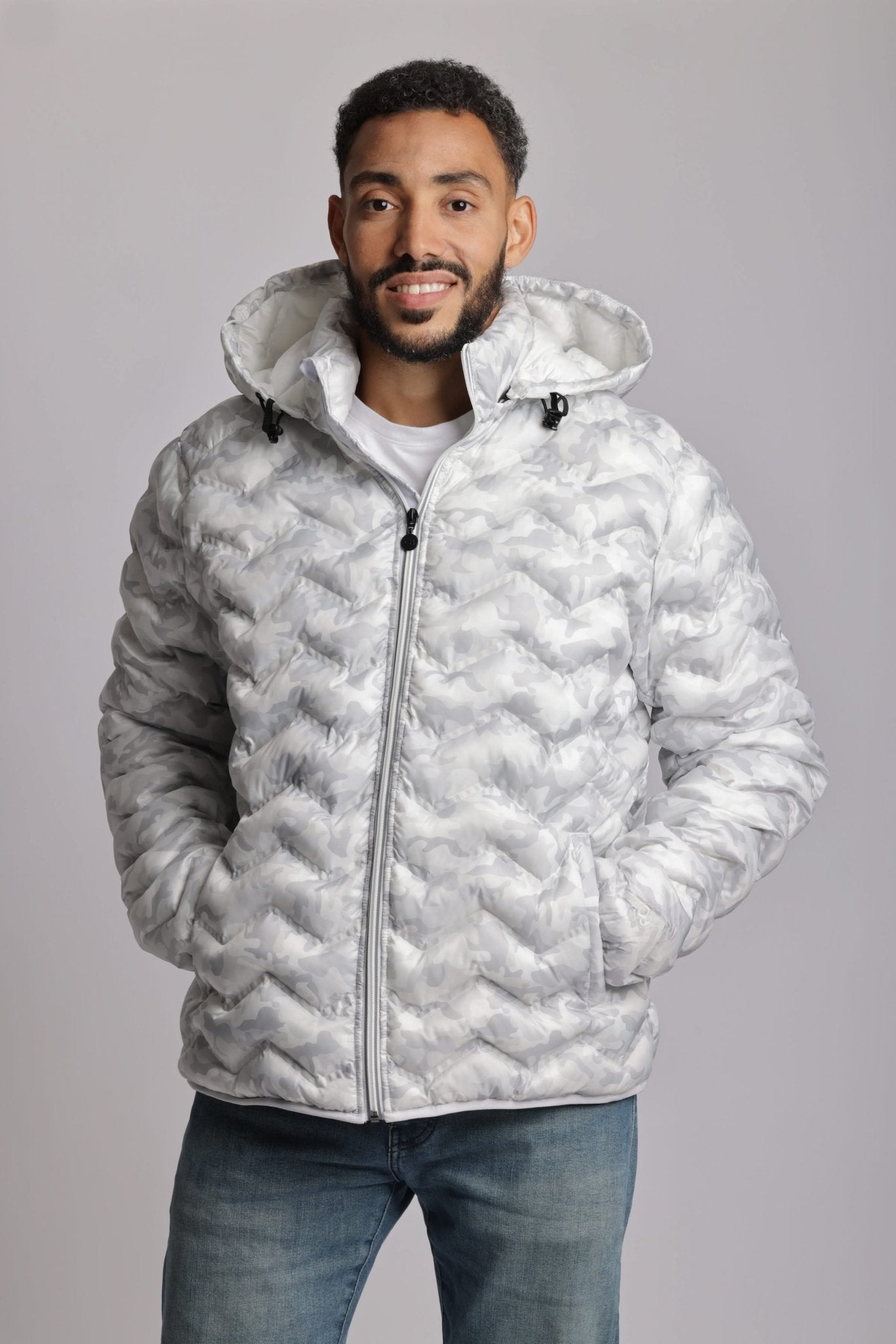 Men's packable puffer jacket in white camo - Lazypants
