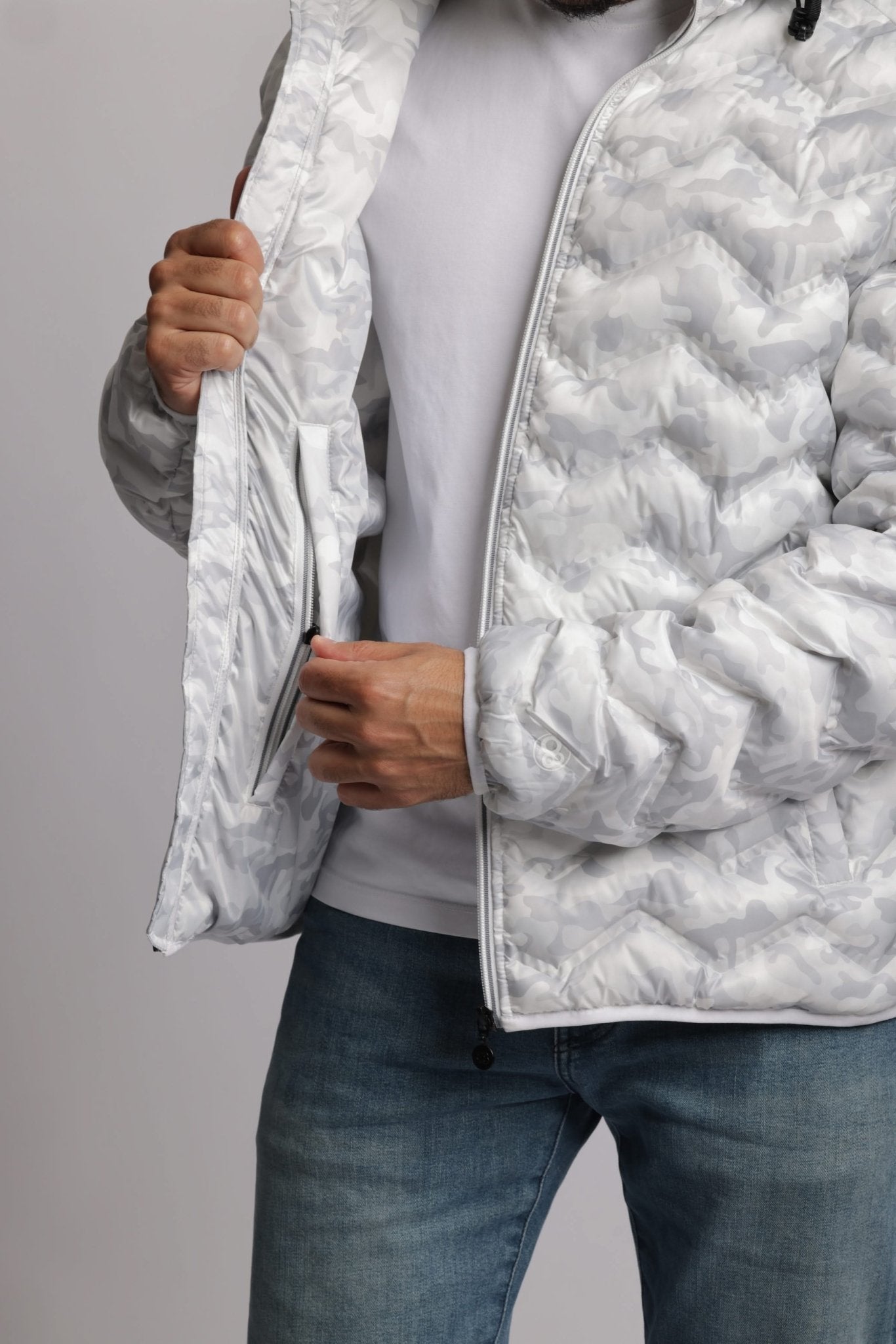 Men's packable puffer jacket in white camo - Lazypants