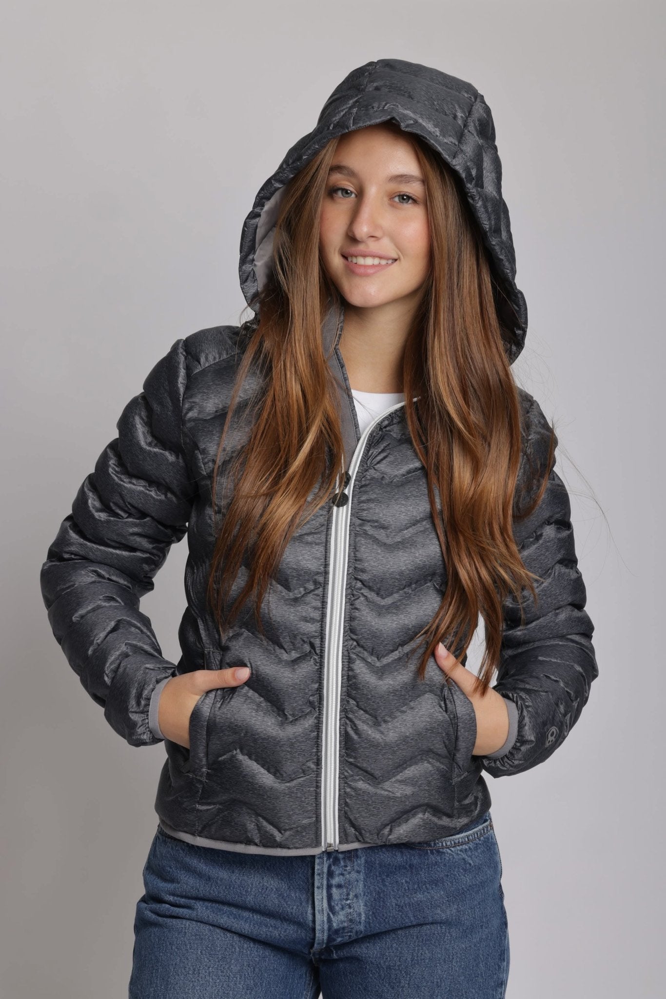 Women's packable puffer jacket in dark heather grey - Lazypants